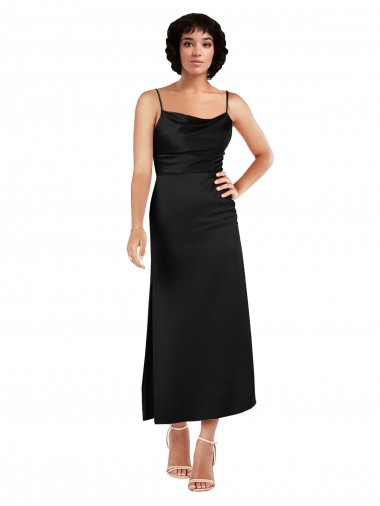 Best Cowl Neck Formal Tea-Length Short Silky Satin Bridesmaid Dress / Cocktail Prom Dress with Skirt Slit UK