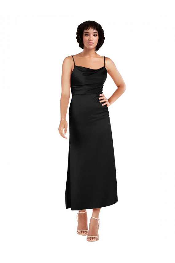Best Cowl Neck Formal Tea-Length Short Silky Satin Bridesmaid Dress / Cocktail Prom Dress with Skirt Slit UK