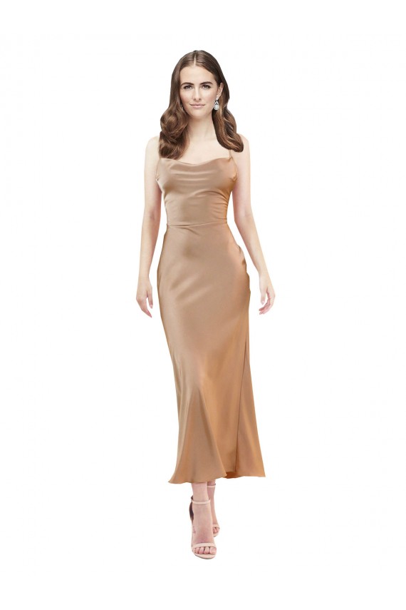 Best Cowl Neck Formal Silky Satin Midi Length Bridesmaid Dress / Cocktail Prom Dress Low Back UK