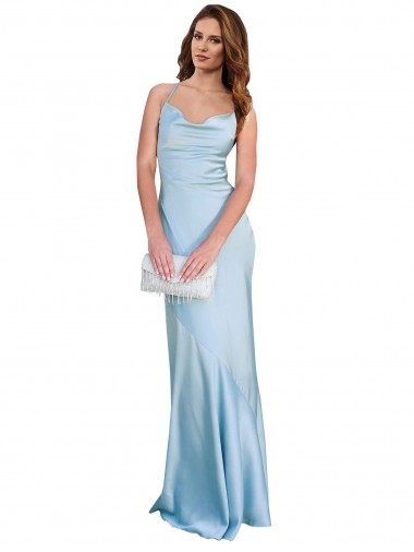 Best Open Back with Ties Cowl Neck Sheath Formal Silky Satin Long Bridessmaid Dress UK
