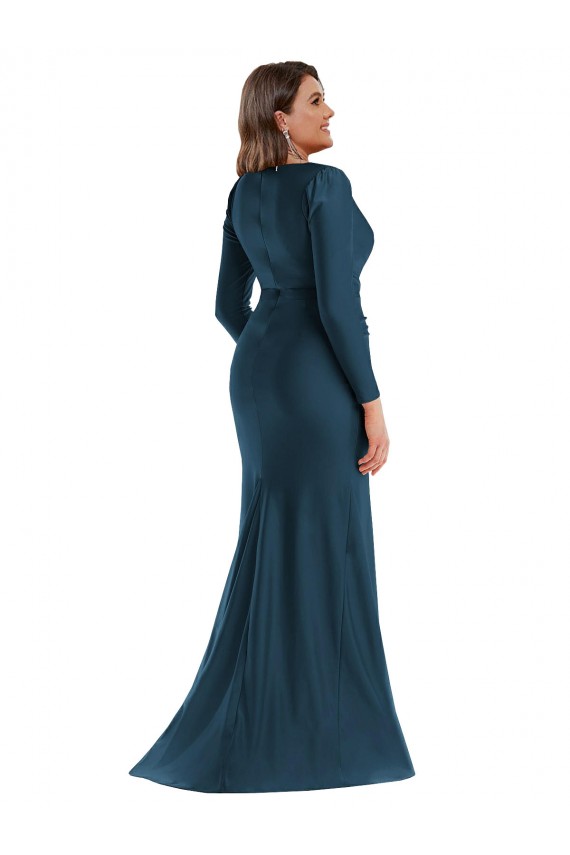 Best Long Sleeves Draped Wrap Formal Silky Satin Mermaid Bridesmaid Dress / Prom Dress with Front Slit UK