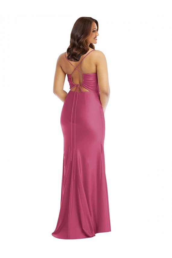 Best Cowl-Neck Open Tie-Back Formal Silky Satin Mermaid Bridesmaid Dress / Prom Dress with Frong Slit UK