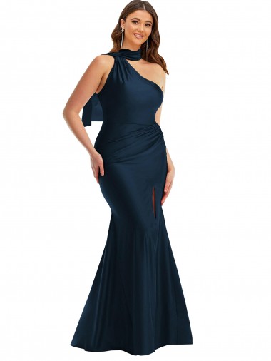 Best Scarf Neck One Shoulder Formal Silky Satin Mermaid Bridesmaid Dress / Prom Dress with Front Slit UK