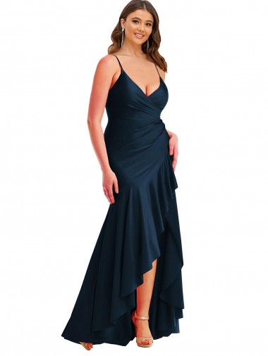 Best Pleated Wrap Ruffled High Low Formal Silky Satin Bridesmaid Dress / Prom Dress UK