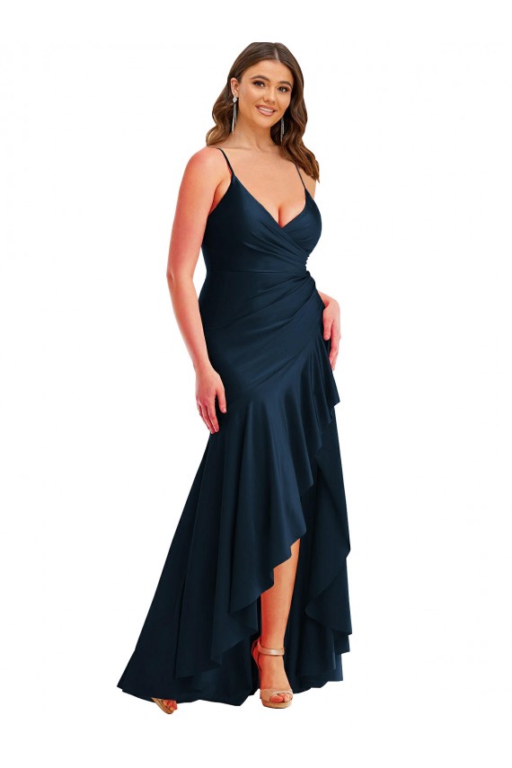 Best Pleated Wrap Ruffled High Low Formal Silky Satin Bridesmaid Dress / Prom Dress UK