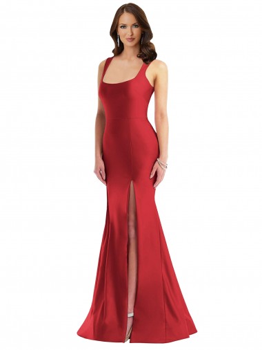 Best Square Neck Formal Silky Satin Mermaid Bridesmaid Dress / Prom Dress with Side Slit UK
