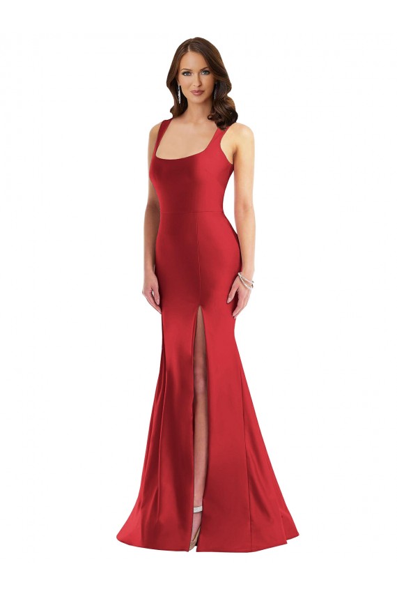 Best Square Neck Formal Silky Satin Mermaid Bridesmaid Dress / Prom Dress with Side Slit UK