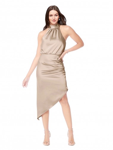 Best Silky Satin High Low Midi Cocktail Length Bridesmaid Dress / Prom Dress with Asymmetric Skirt UK