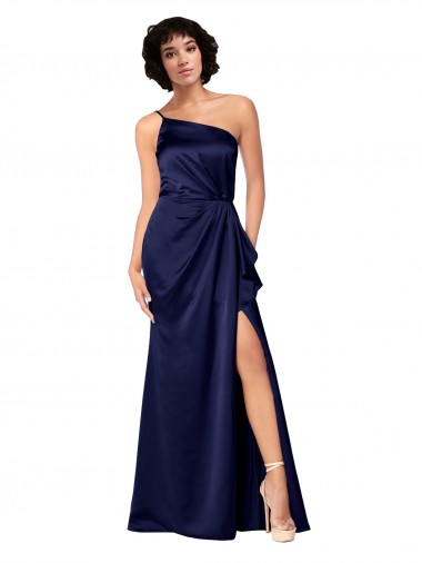 Best One Shoulder Formal Silky Satin Bridesmaid Dress / Prom Dress with Skirt Slit UK