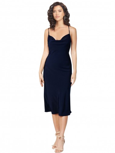 Best Short Cocktail Midi Length Formal Silky Satin Bridesmaid Dress / Prom Dress with Cowl Neck and Cross Back Straps UK