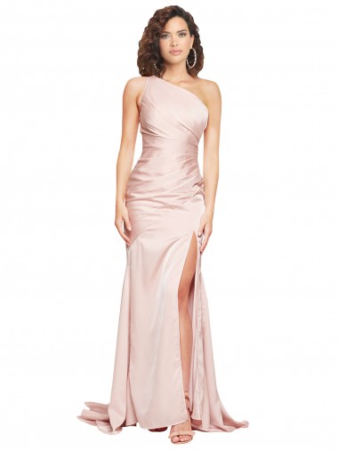 Best Full Length One Shoulder Long Formal Silky Satin Bridesmaid Dress / Prom Dress with High Split UK