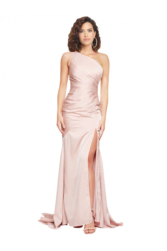 Best Full Length One Shoulder Long Formal Silky Satin Bridesmaid Dress / Prom Dress with High Split UK