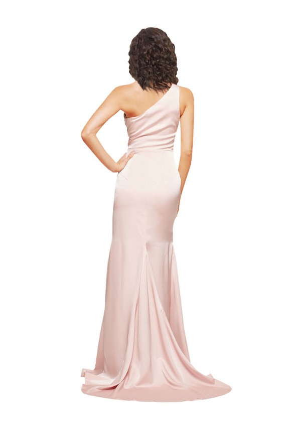 Best Full Length One Shoulder Long Formal Silky Satin Bridesmaid Dress / Prom Dress with High Split UK
