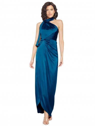 Best High Halter Neck Formal Silky Satin Bridesmaid Dress / Prom Dress with Sash Overlay and Side Split UK