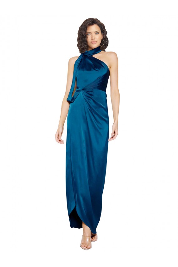 Best High Halter Neck Formal Silky Satin Bridesmaid Dress / Prom Dress with Sash Overlay and Side Split UK