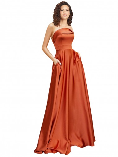 Best Strapless Sweep Train Formal Silky Satin Bridesmaid Dress / Prom Dress with Pleats UK