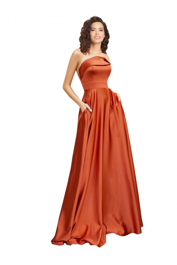 Best Strapless Sweep Train Formal Silky Satin Bridesmaid Dress / Prom Dress with Pleats UK