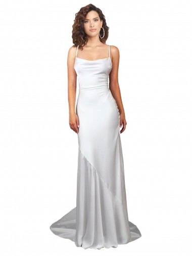 Best Simple Lace Up Back Cowl Neck Long Sweep Train Silky Satin Beach Wedding Dress UK