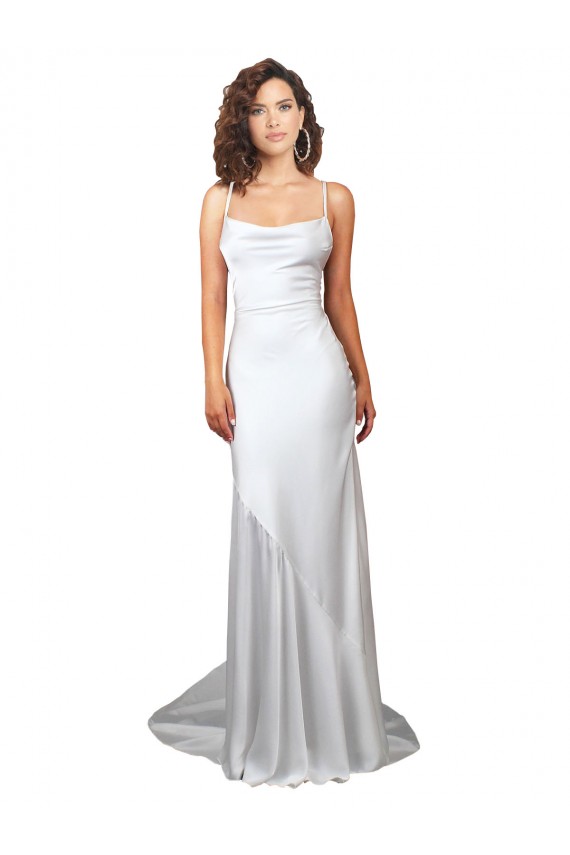 Best Simple Lace Up Back Cowl Neck Long Sweep Train Silky Satin Beach Wedding Dress UK