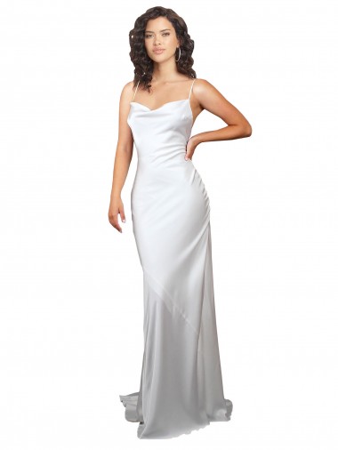 Best Simple Sweep Train Low Back Tie Cowl Neck Long Silky Satin Beach Wedding Dress UK