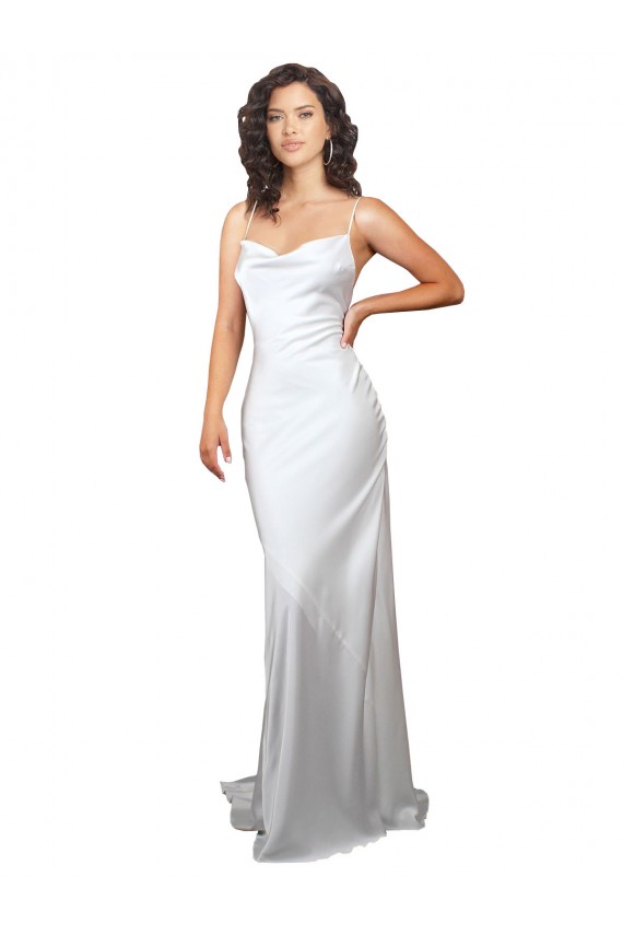 Best Simple Sweep Train Low Back Tie Cowl Neck Long Silky Satin Beach Wedding Dress UK