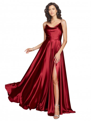Best Cowl Neckline Long Formal Silky Satin Bridesmaid Dress / Prom Dress with Spaghetti Straps UK