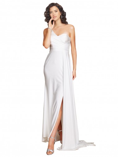 Best One Shoulder Floor Length Silky Satin Wedding Dress with Side Slit UK