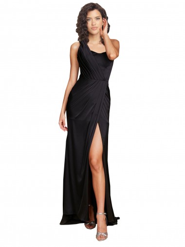 Best Full Length One Shoulder Ruffled Long Formal Silky Satin Bridesmaid Dress / Prom Dress with High Slit UK