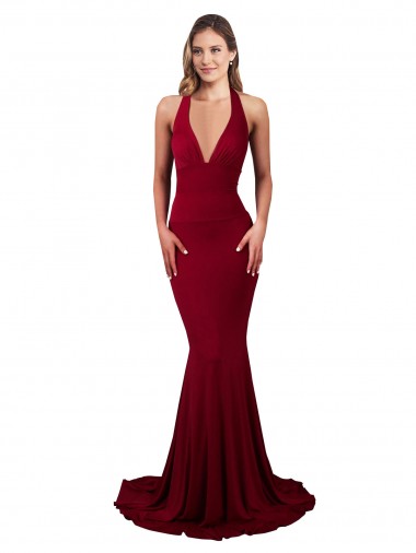 Best Halter Mermaid Plunge V-Neckline Open Back Bow Tie Formal Spandex Bridesmaid Dress / Prom Dress UK