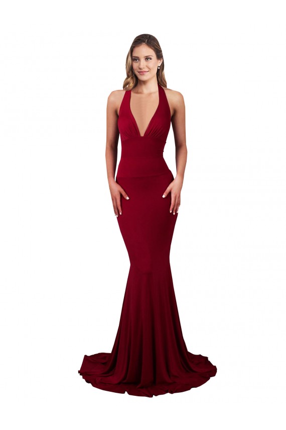 Best Halter Mermaid Plunge V-Neckline Open Back Bow Tie Formal Spandex Bridesmaid Dress / Prom Dress UK