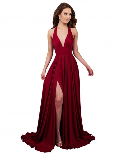 Best A-Line Halter Plunge V-Neckline Open Back Formal Spandex Bridesmaid Dress / Prom Dress with Slit UK
