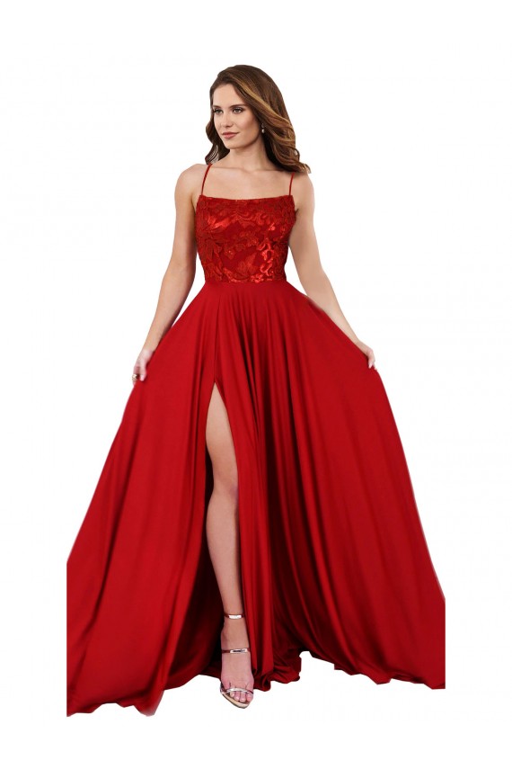 Best Lace Over Bodice Long Spandex Bridesmaid Dress / Prom Dress with Slit UK