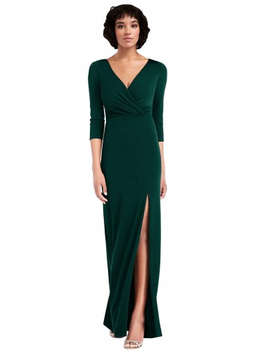 Best Floor Length 3/4 Sleeves V-Back Draped Wrap Formal Maxi Spandex Bridesmaid Dress / Prom Dress UK