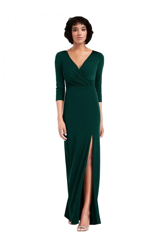 Best Floor Length 3/4 Sleeves V-Back Draped Wrap Formal Maxi Spandex Bridesmaid Dress / Prom Dress UK