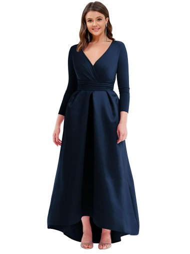 Best Long Sleeves Wrapped Formal Spandex Bridesmaid Dress / Prom Dress with High Low Full Skirt and Pockets UK