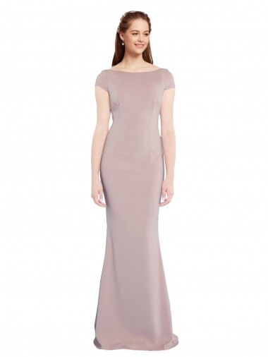 Best Boat Neck Cap Sleeve Formal Crepe Bridesmaid Dress / Prom Dress with Plunging Tie Back UK