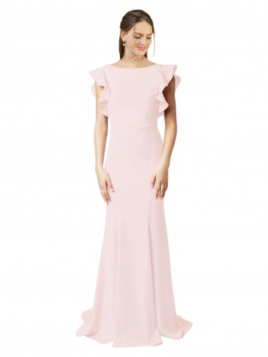 Best Low V-Back Long Mermaid Crepe Bridesmaid Dress / Prom Dress with Ruffled Sleeves UK