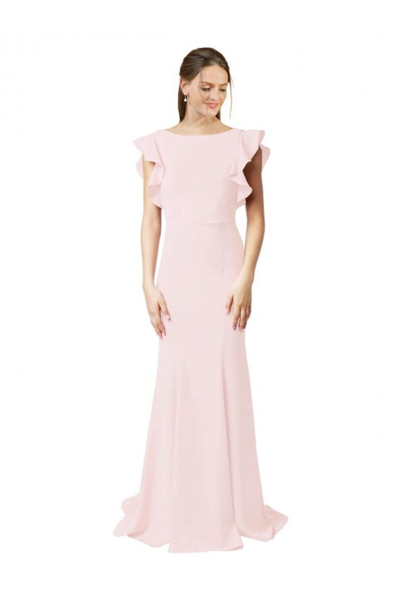 Best Low V-Back Long Mermaid Crepe Bridesmaid Dress / Prom Dress with Ruffled Sleeves UK