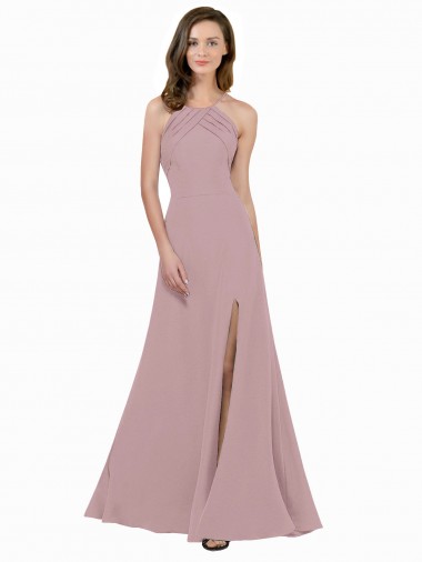 Best High Neck Crepe Bridesmaid Dress / Prom Dress with Pleats and Keyhole Back UK