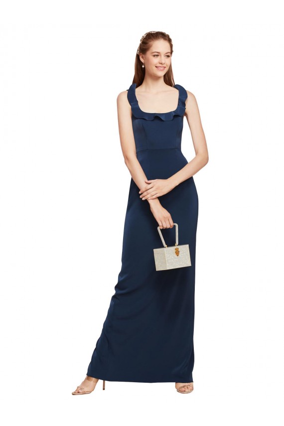 Best Scoop Neck with Ruffles Long Formal Crepe Bridesmaid Dress / Prom Dress with Back Slit UK
