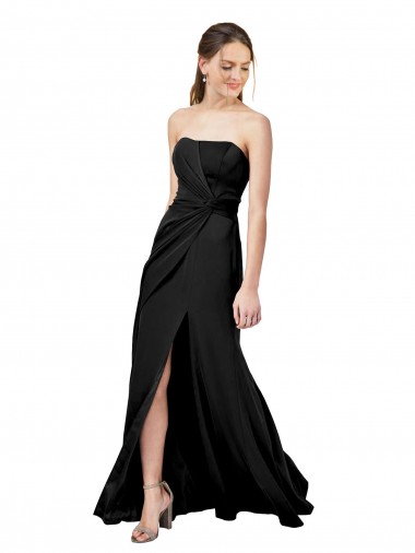 Best Strapless Fit and Flare Long Formal Crepe Bridesmaid Dress / Prom Dress with Knot and Slit UK