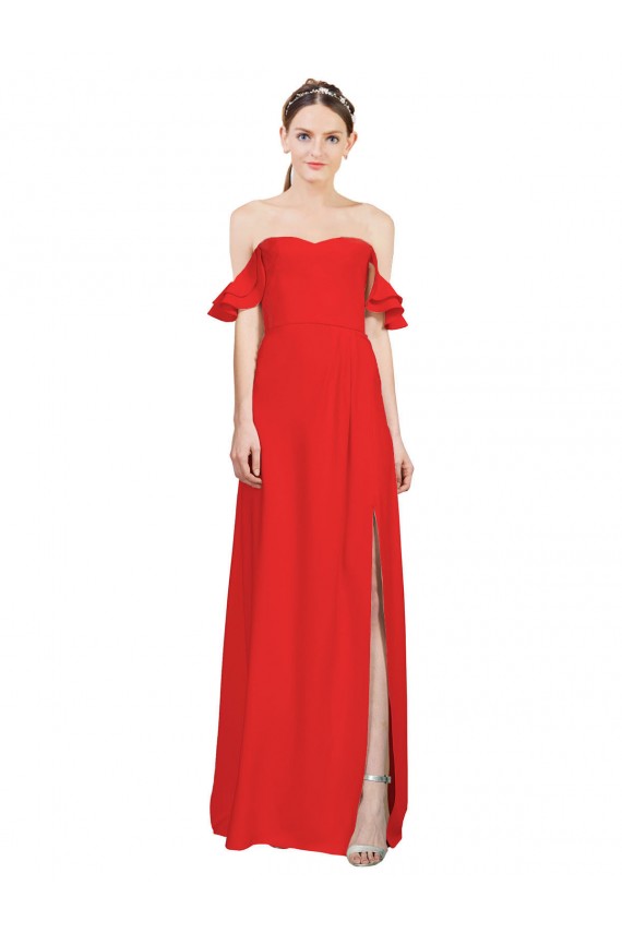 Best Double Ruffle Flounce Sleeves Formal Crepe Bridesmaid Dress / Prom Dress with Slit UK