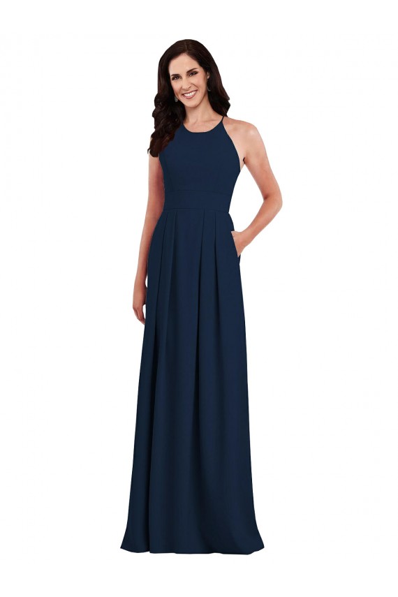 Best Criss Cross Back Crepe Halter Bridesmaid Dress with Pockets UK