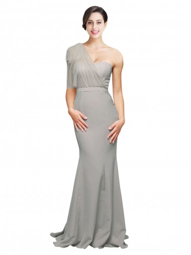 Best Long Sweep Train Sweetheart Formal Crepe Bridesmaid Dress / Prom Dress with Tulle One Shoulder UK