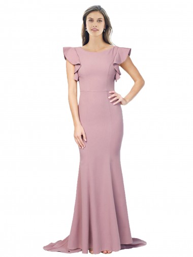 Best Flutter Sleeves Low V-Back High Round Neck Formal Crepe Bridesmaid Dress / Prom Dress UK