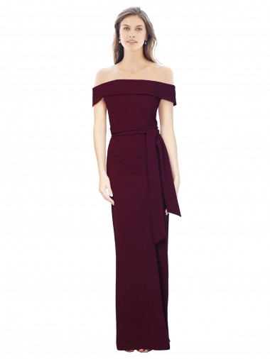 Best Off the Shoulder Long Formal Crepe Bridesmaid Dress / Prom Dress with Waist Tie UK