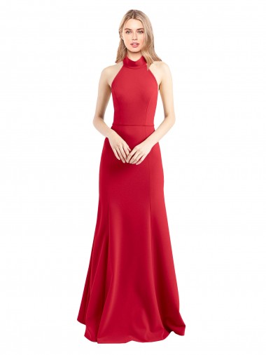 Best Sleek Fit and Flare High Neck Halter Stretch Formal Crepe Bridesmaid Dress / Prom Dress with Open Back UK