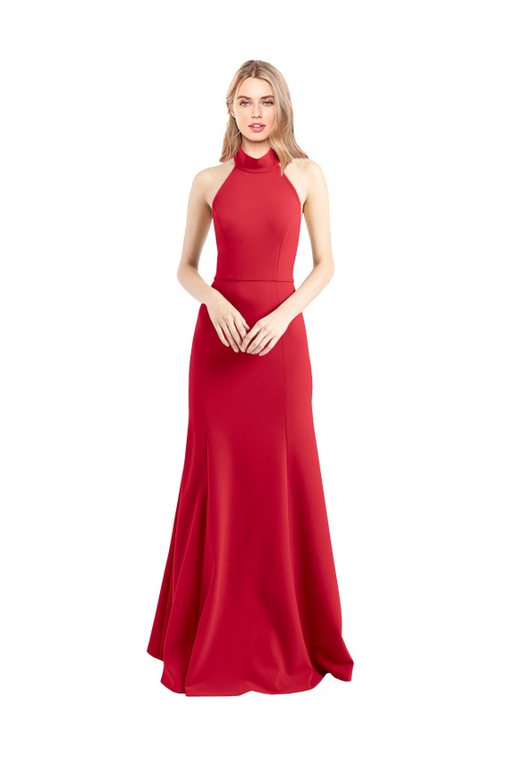 Best Sleek Fit and Flare High Neck Halter Stretch Formal Crepe Bridesmaid Dress / Prom Dress with Open Back UK