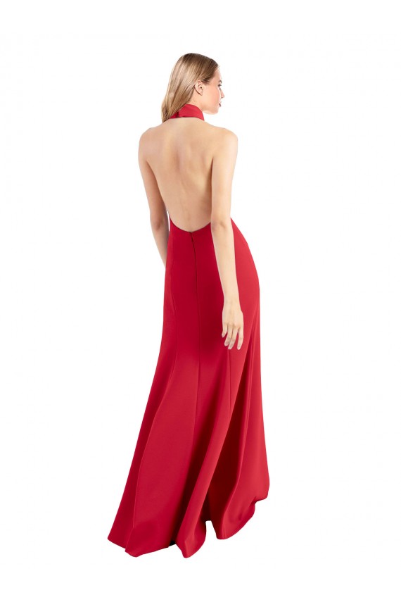 Best Sleek Fit and Flare High Neck Halter Stretch Formal Crepe Bridesmaid Dress / Prom Dress with Open Back UK