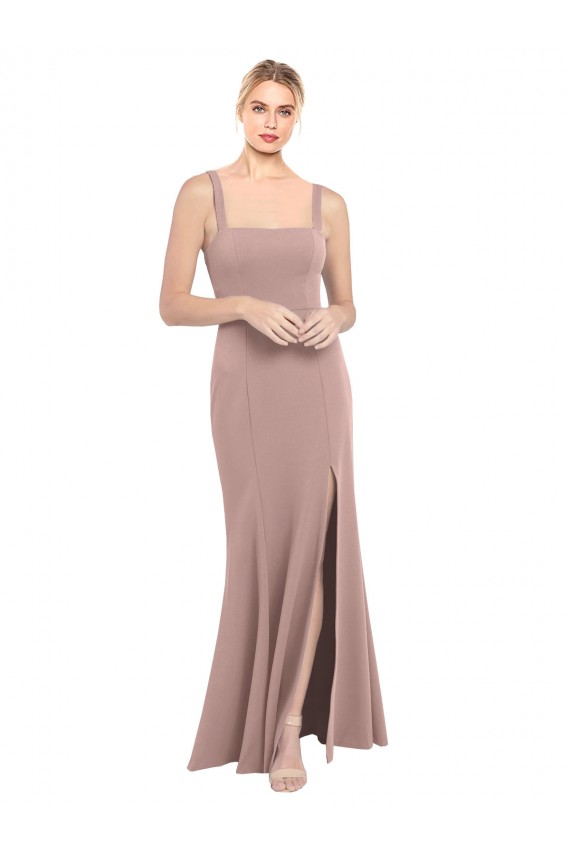 Best Square Neck Fit and Flare Long Stretch Crepe Bridesmaid Dress / Prom Dress with Side Slit UK